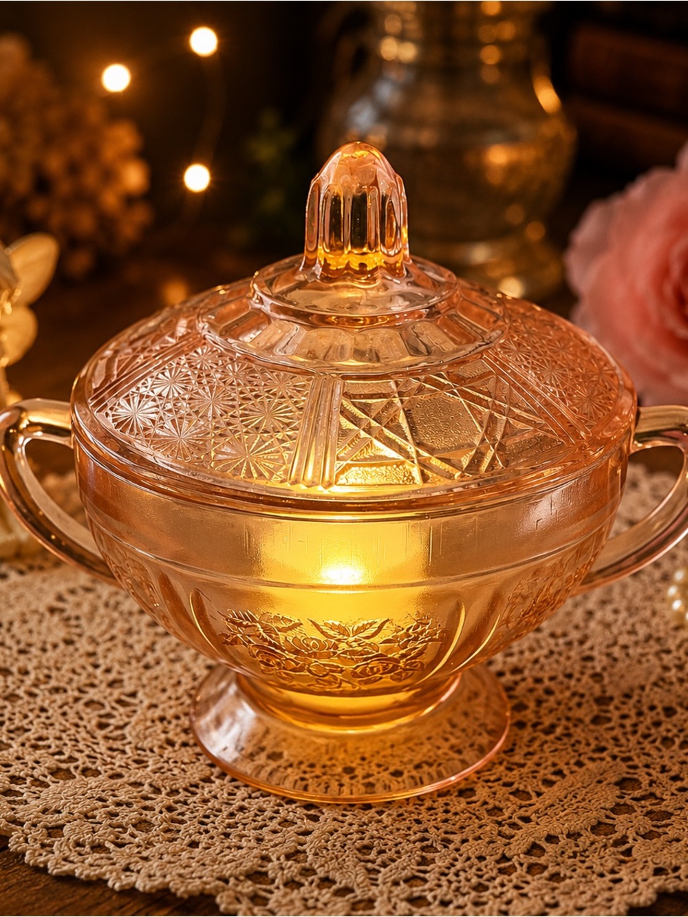 Vintage Pink Depression Glass Double-Handled Sugar Bowl Fairy Lamp